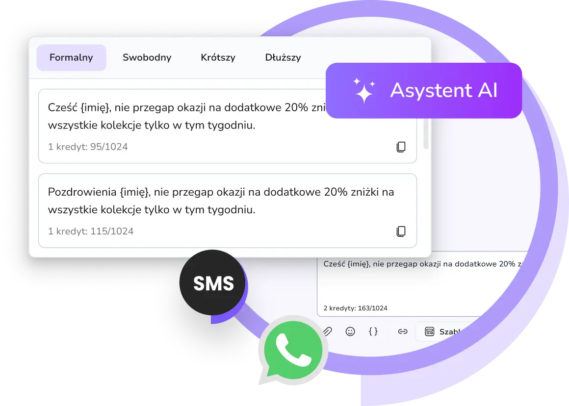 Zrzut ekranu Asystenta AI TopMessage generującego inteligentne sugestie odpowiedzi i usprawniającego komunikację z klientami w wiadomościach SMS i WhatsApp w ujednoliconej skrzynce odbiorczej.