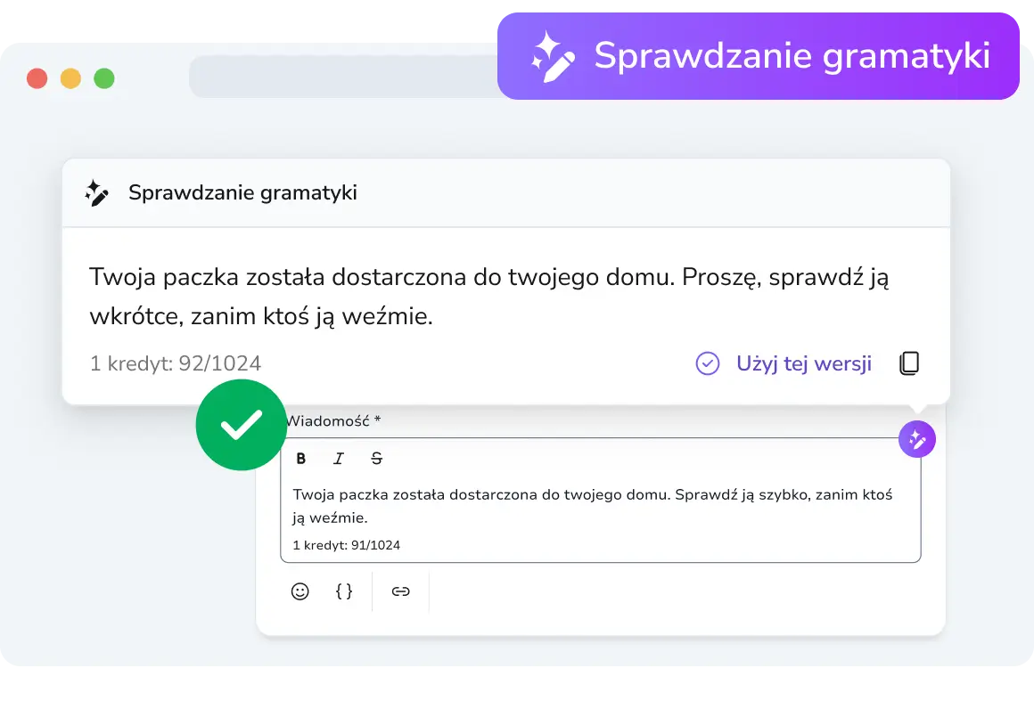 Zrzut ekranu przedstawiający sprawdzanie gramatyki i pisowni oparte na sztucznej inteligencji AI w platformie do przesyłania wiadomości.