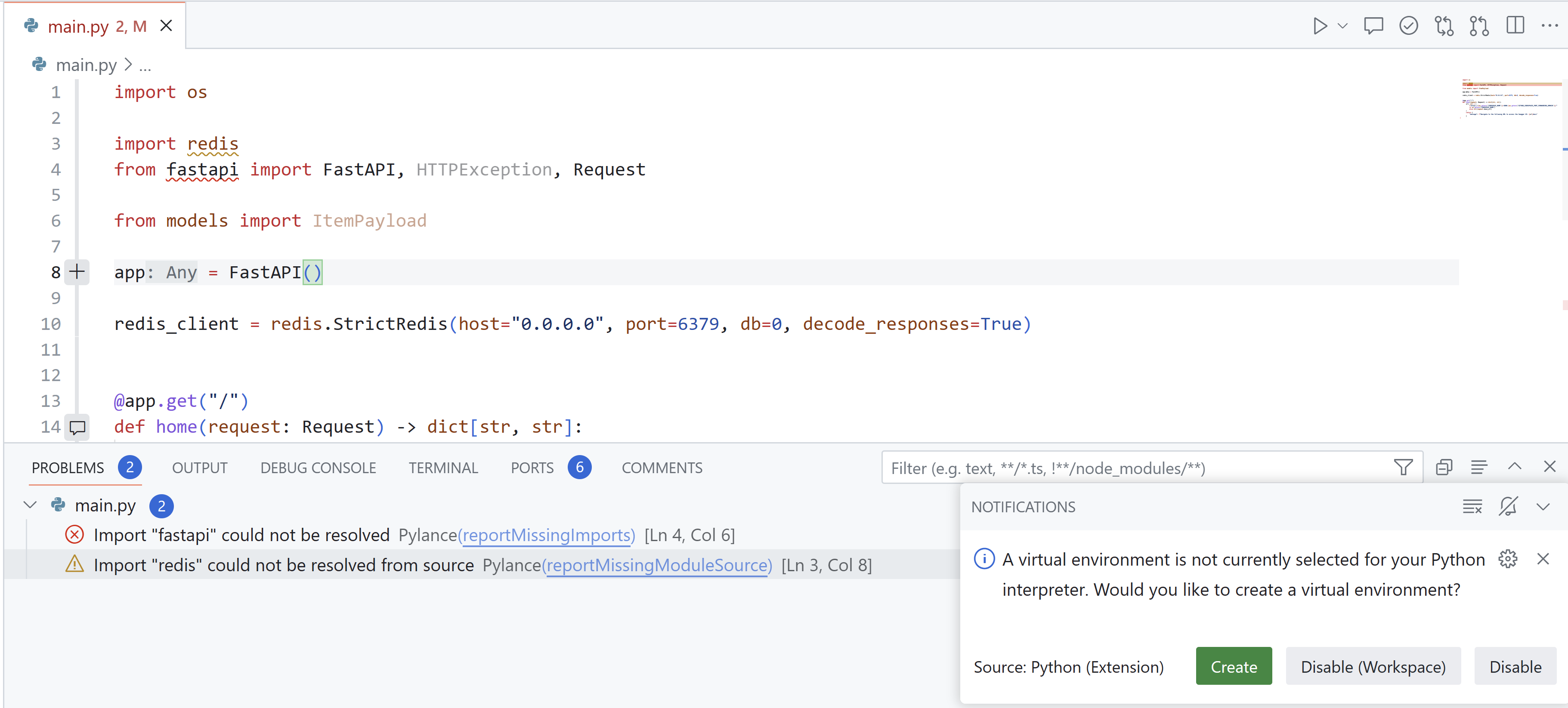 通知表明当前未选择虚拟环境,并提供创建环境或禁用通知的选项