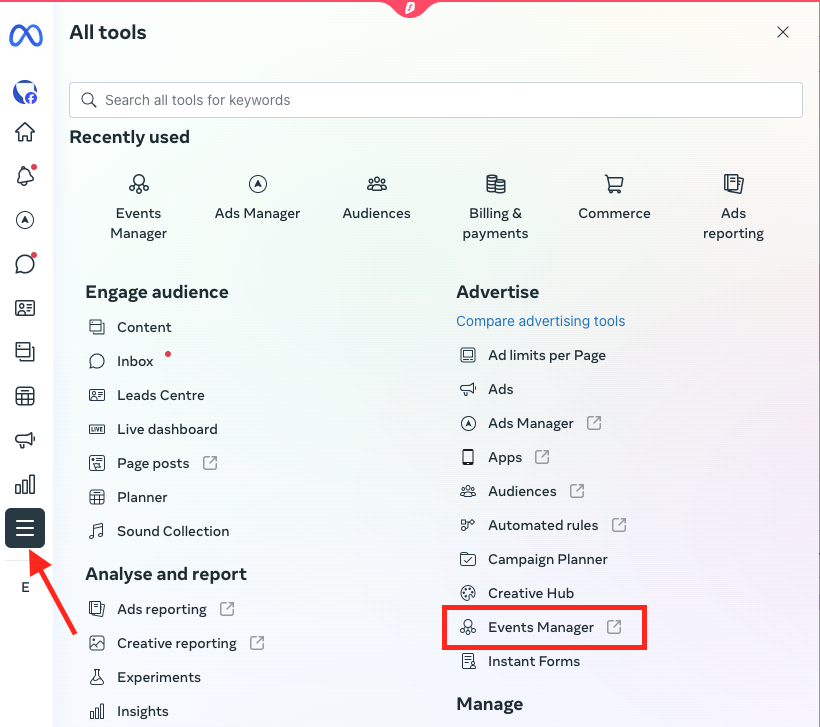 Events Manager in Facebook dashboard