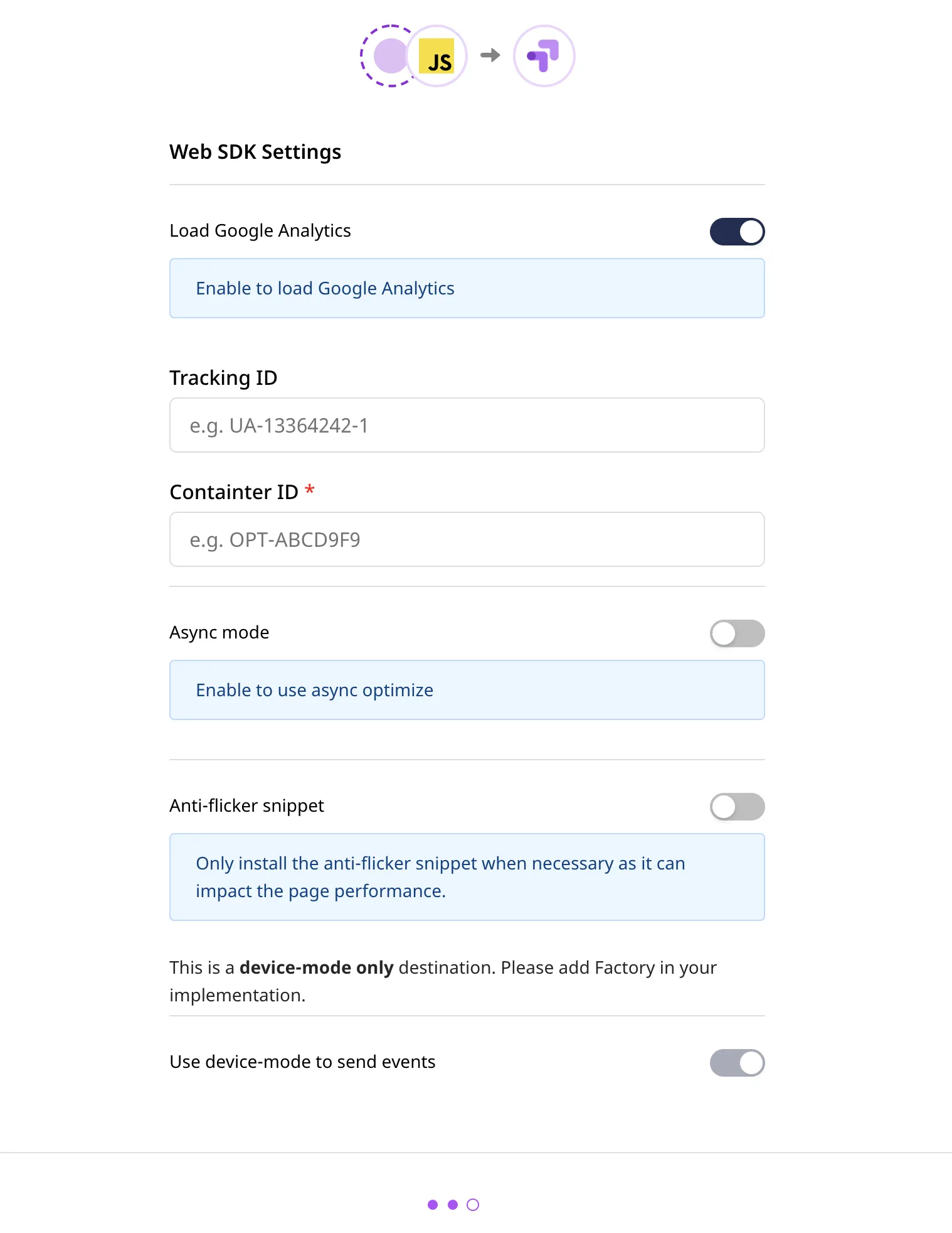 Google Optimize connection settings