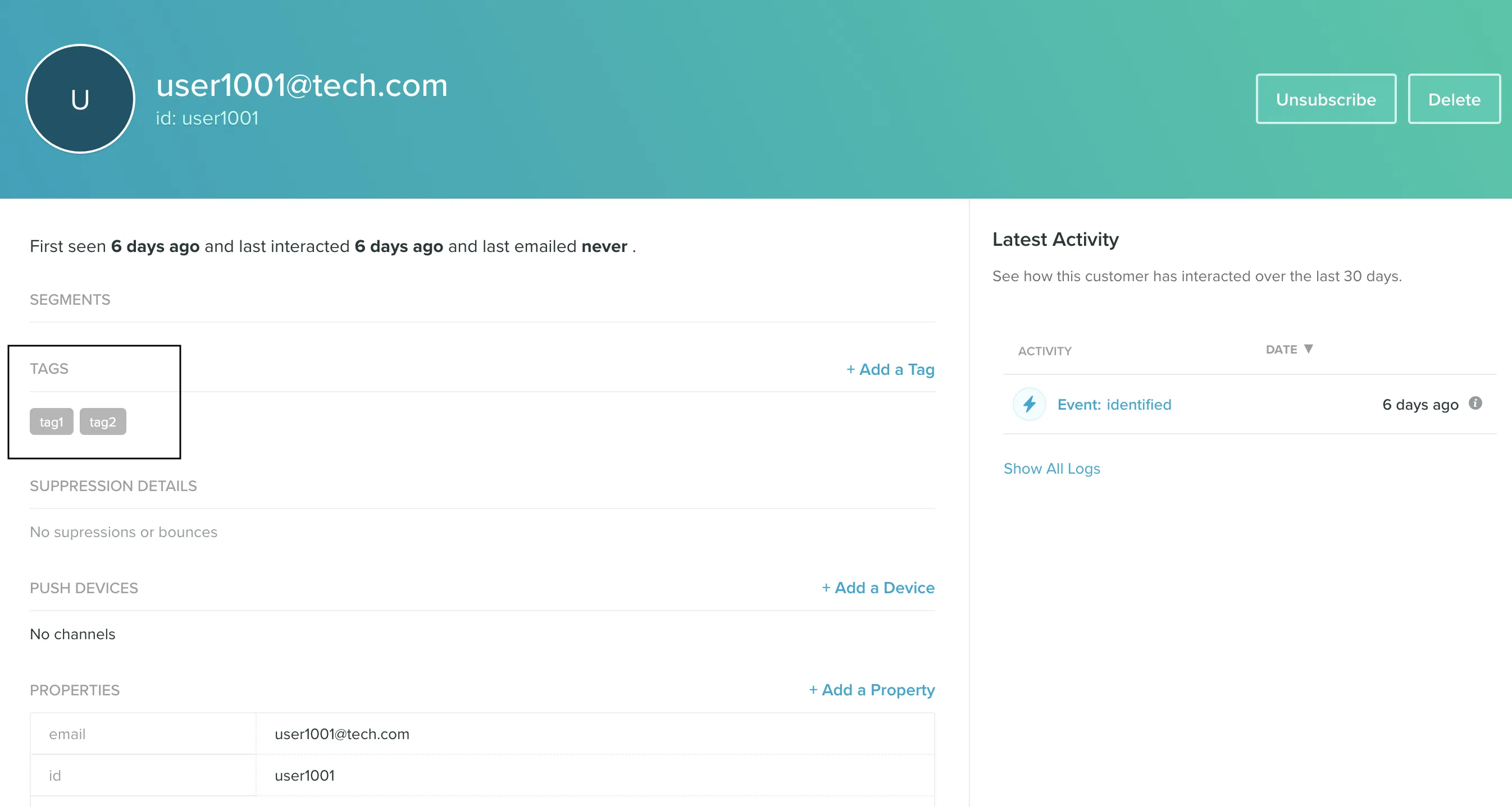 User tags in Vero dashboard