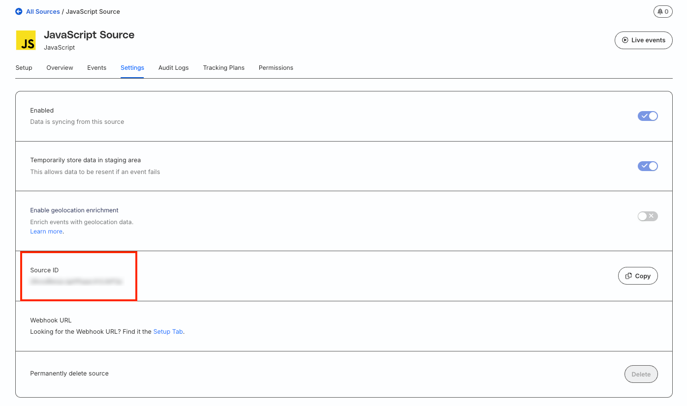 Source ID in RudderStack dashboard