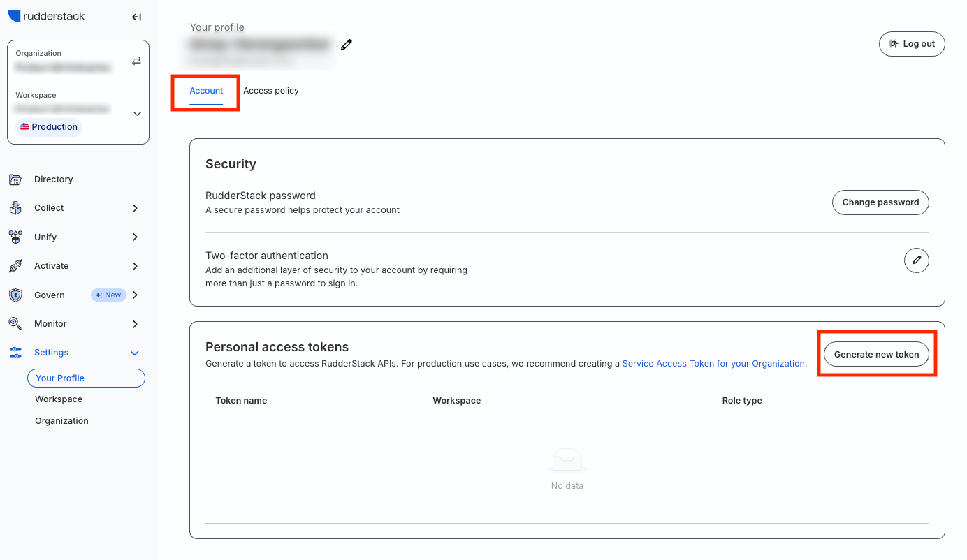 New personal access token in RudderStack dashboard