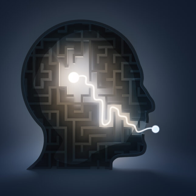 Inside a human side profile is a maze, where a shinning dot in the brain area is connected to another dot coming out of the mouth through a line -- coverage from STAT