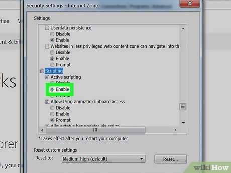 Step 8 Select “Enable” below the option that reads “Active Scripting.